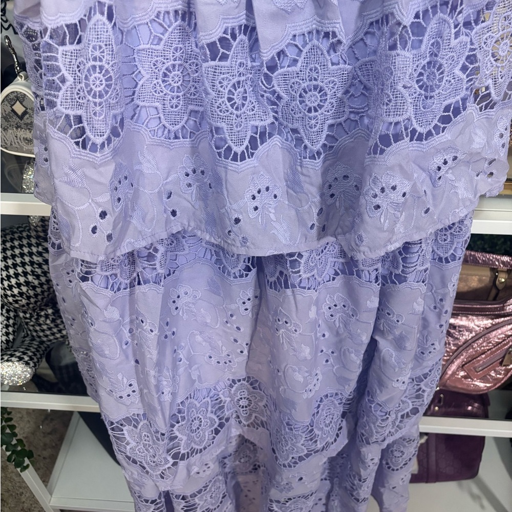 Just Me Lilac Lavender Eyelet Lace Midi 3 Tiered Dress - Picture 11 of 13